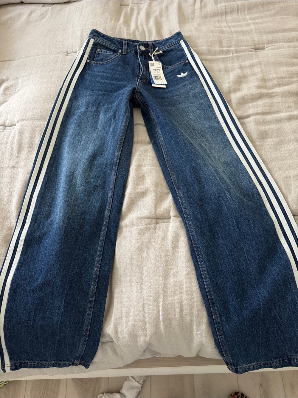 adidas Dark Blue Wide-Leg Jeans with White Side Stripes